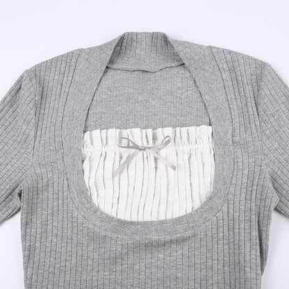 Ruched patchwork contrast long sleeve ruffle top