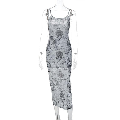 Slit contrast print sheer mesh see through u neck cami midi dress