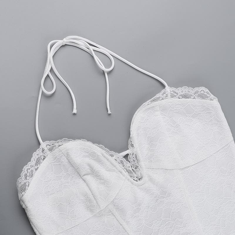 Halter lace up stitch lace backless mini dress