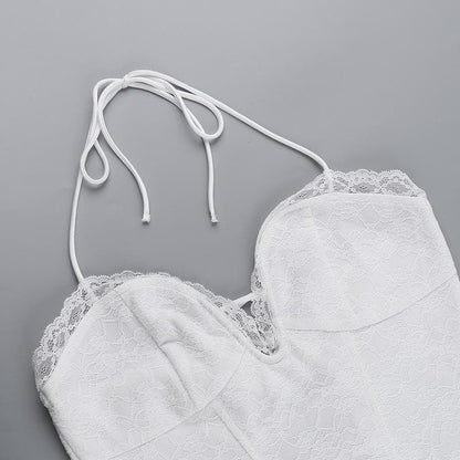 Halter lace up stitch lace backless mini dress