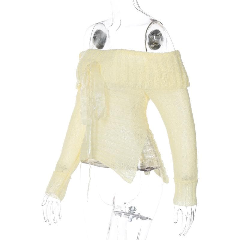 Long sleeve off shoulder bowknot ribbon ruffle ribbed knitted top