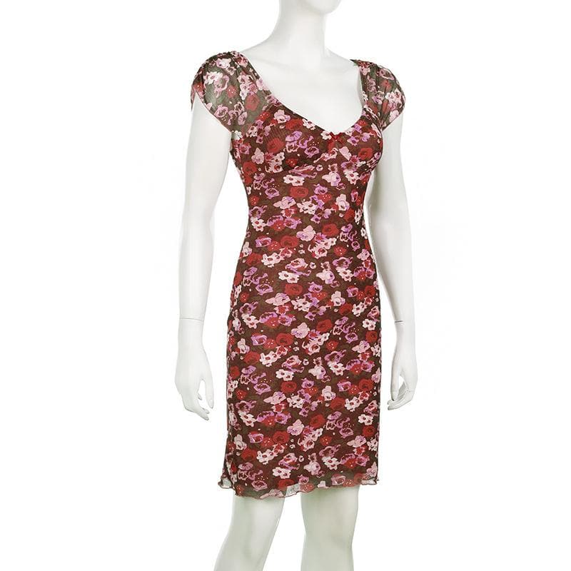 Cap sleeve print bowknot mesh mini dress