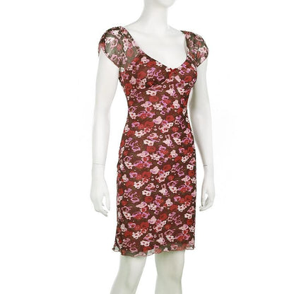 Cap sleeve print bowknot mesh mini dress