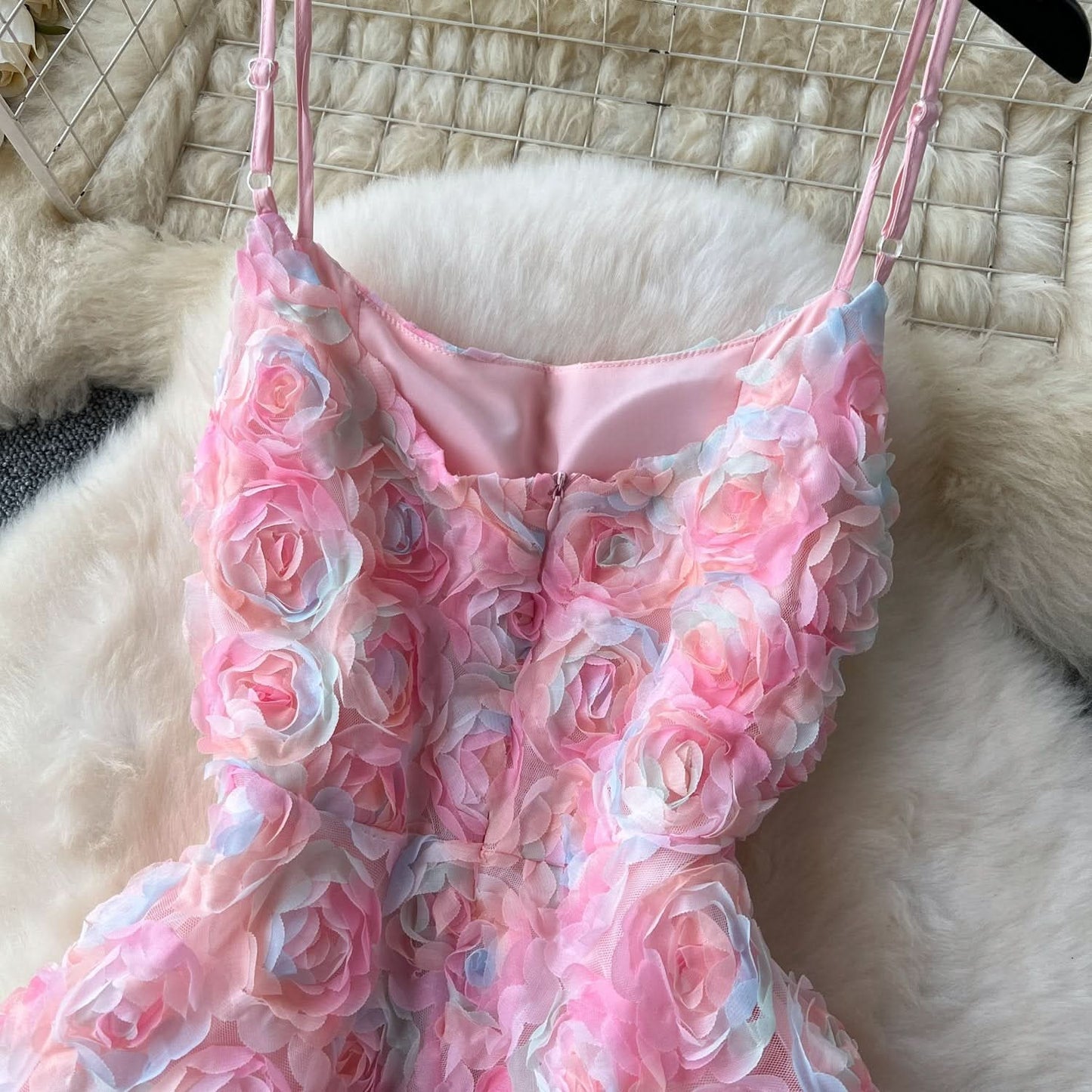 Zip-up u neck flower applique cami maxi dress