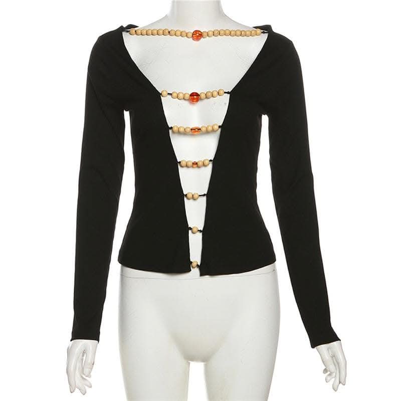Beaded contrast long sleeve v neck ruched top-final-sale