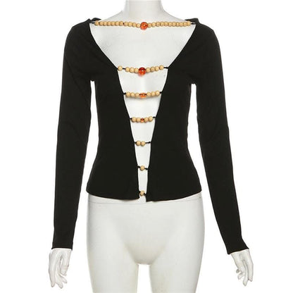 Beaded contrast long sleeve v neck ruched top-final-sale