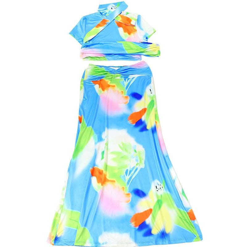 Short sleeve ruched contrast print maxi skirt set-final-sale