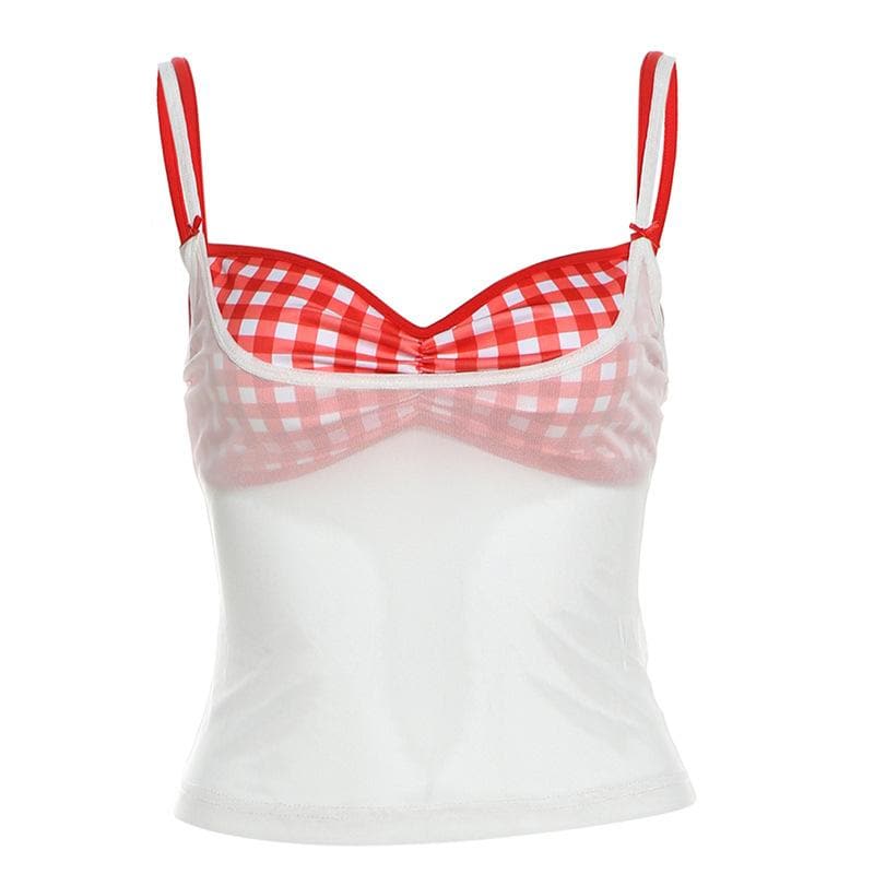 Plaid sweetheart neck ruched mesh 2 piece cami top