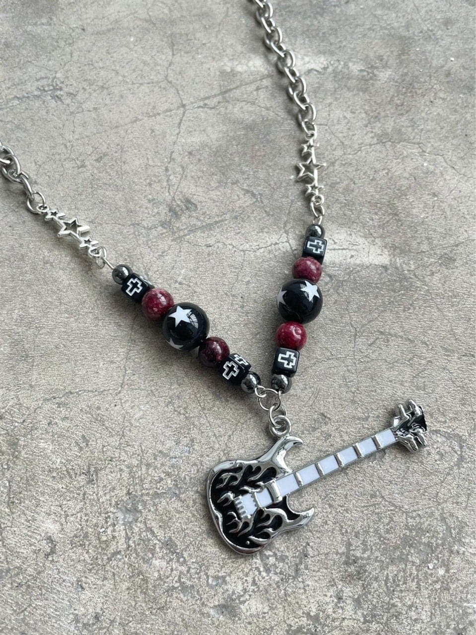 Guitar pendant metal chain beaded necklace