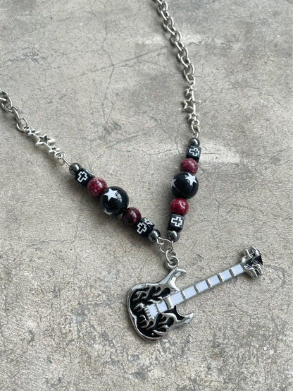 Guitar pendant metal chain beaded necklace