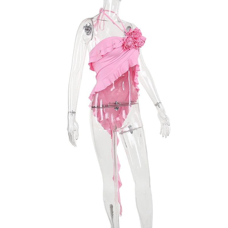 Halter flower applique ruffle irregular crop top