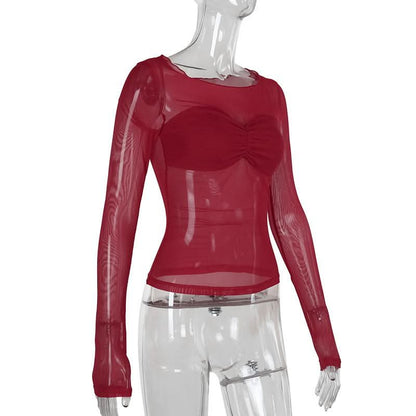 Long sleeve mesh ruched solid top