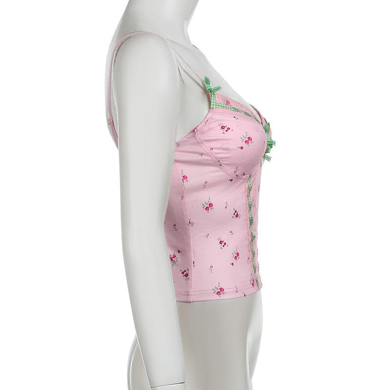 Flower print lace hem bowknot cami top