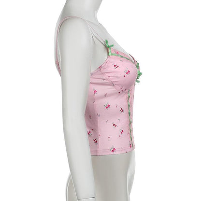 Flower print lace hem bowknot cami top