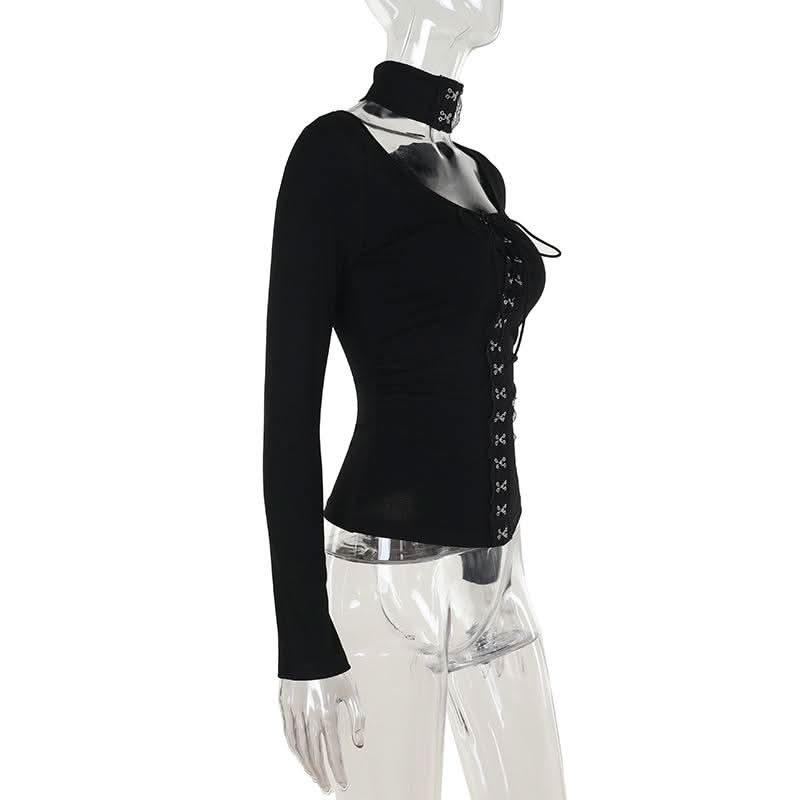 Halter long sleeve button self tie top