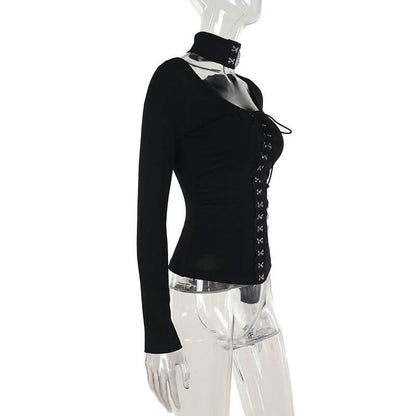 Halter long sleeve button self tie top