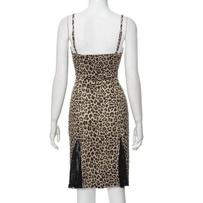 Lace hem patchwork leopard print cami mini dress