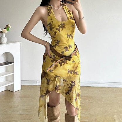 Halter butterfly print ruffle irregular midi dress