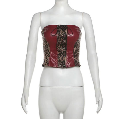 Leopard print lace up PU leather patchwork tube top