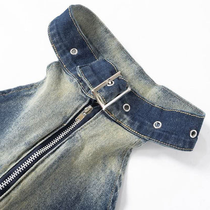 Halter zip-up slit denim buckle raw hem top