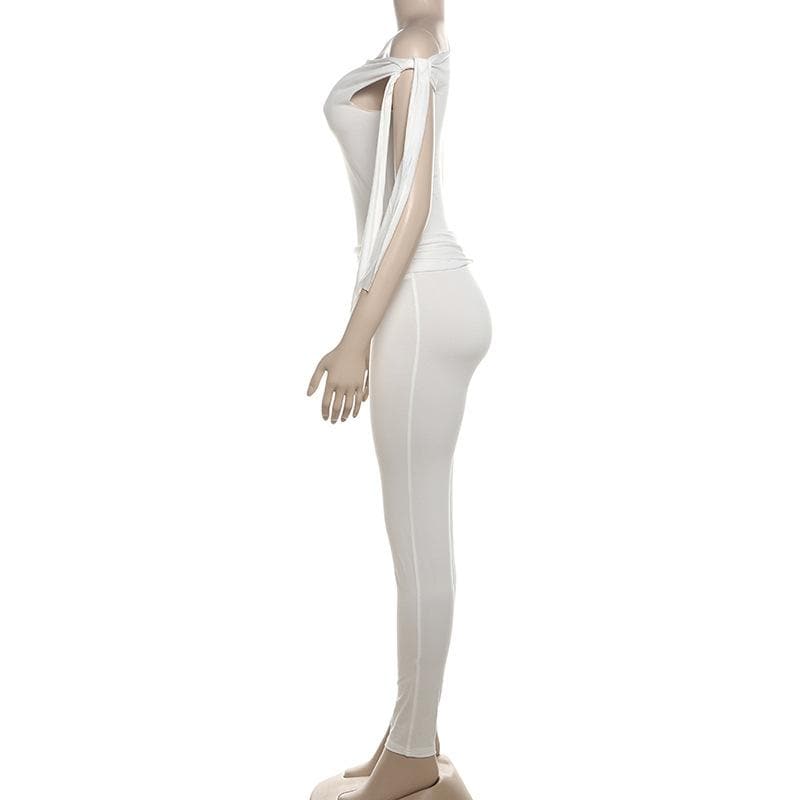 One shoulder self tie irregular solid high rise pant set