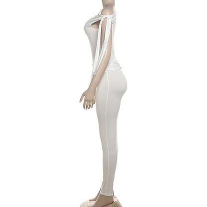 One shoulder self tie irregular solid high rise pant set