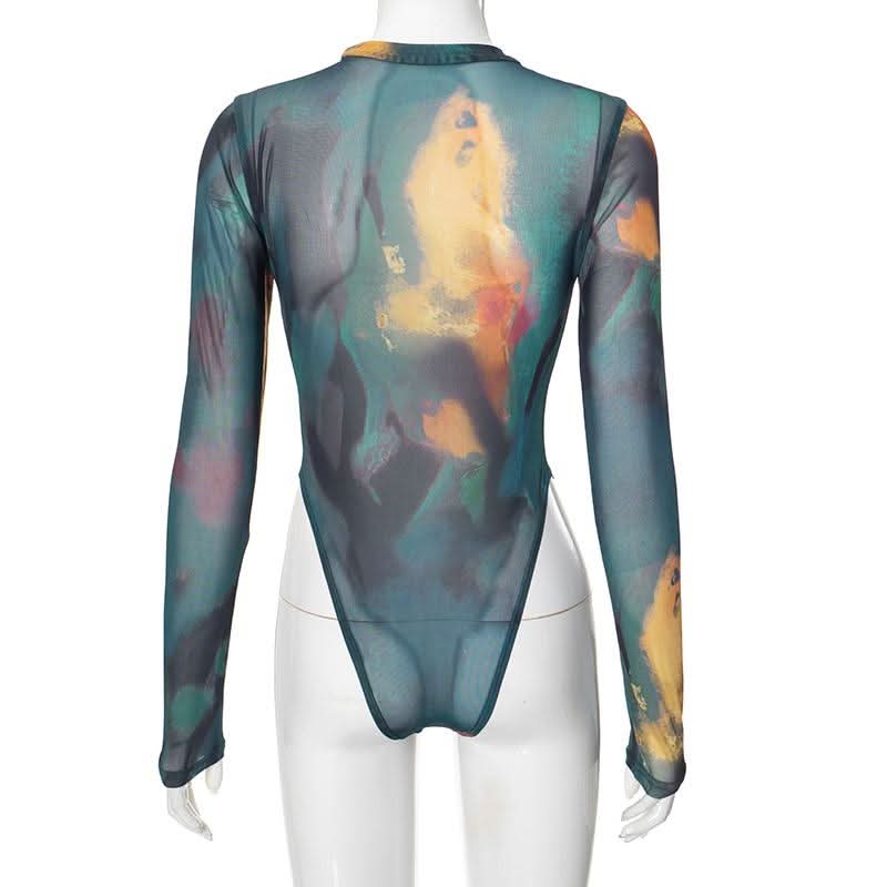 Long sleeve crewneck sheer mesh button print bodysuit