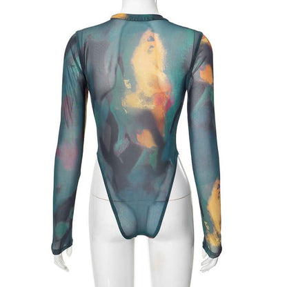 Long sleeve crewneck sheer mesh button print bodysuit