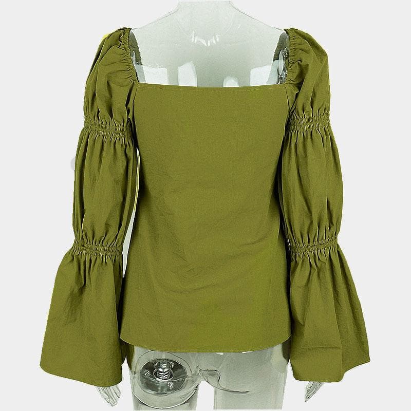 Flared pleated sleeve smocked square neck slit solid top