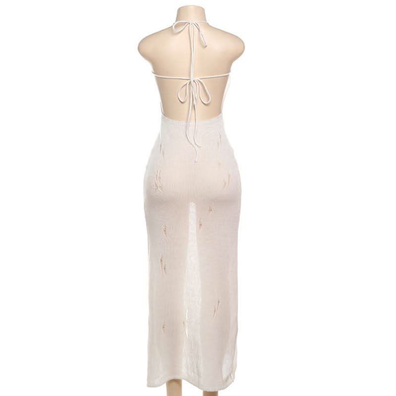 Self tie halter hollow out see through knitted cut out maxi dress