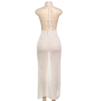 Self tie halter hollow out see through knitted cut out maxi dress
