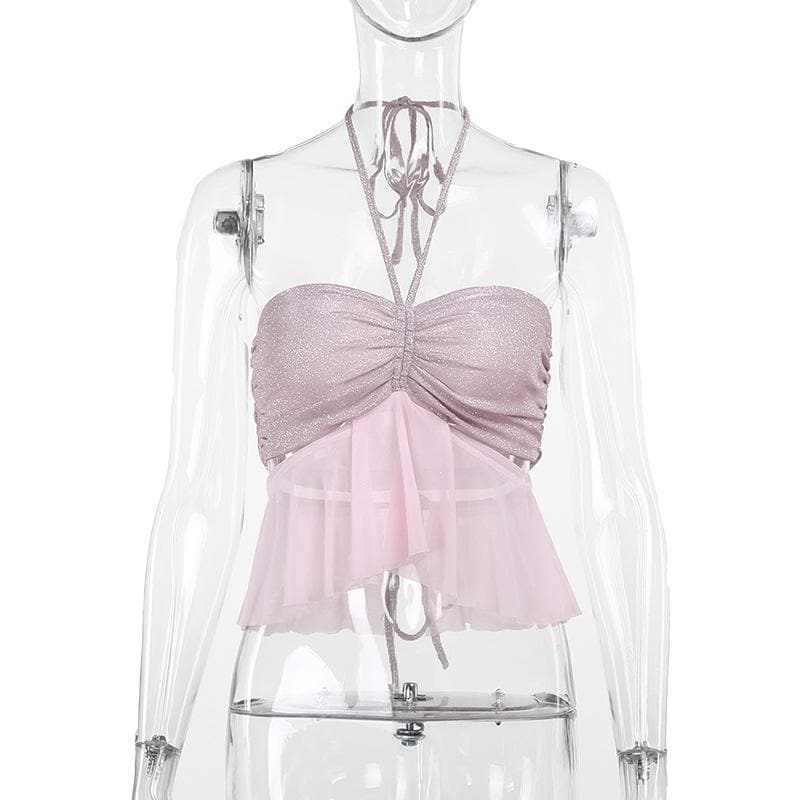 Halter drawstring ruched mesh glitter crop top