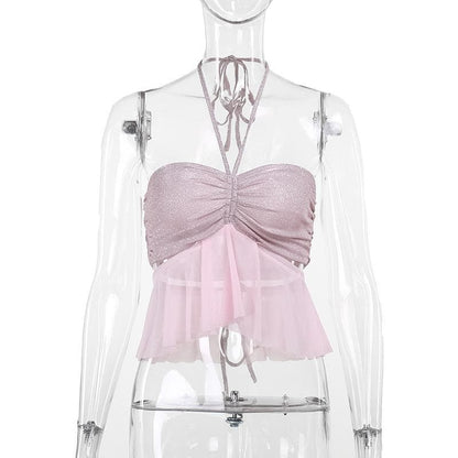 Halter drawstring ruched mesh glitter crop top