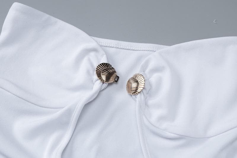 Sweetheart neck shell metal tag button hollow out tube cut out maxi dress