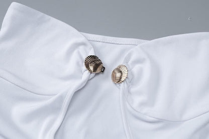 Sweetheart neck shell metal tag button hollow out tube cut out maxi dress