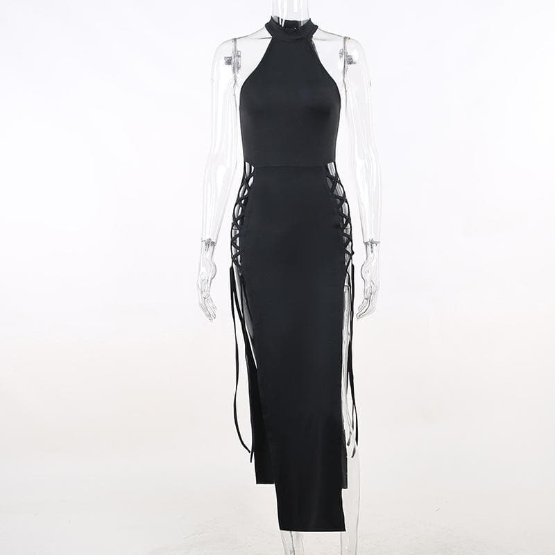 Sleeveless solid hollow out slit lace up cut out midi dress
