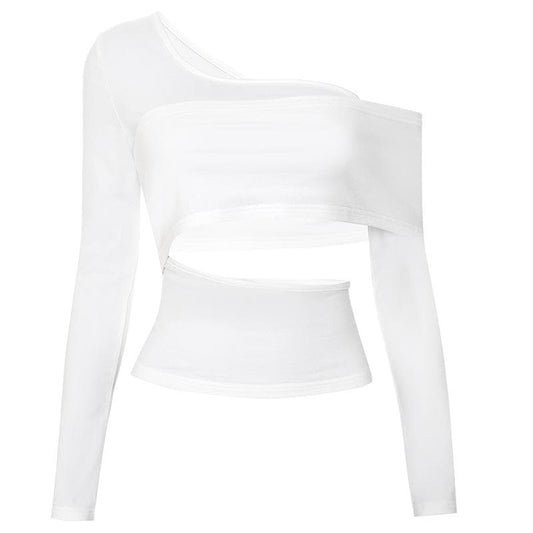 Long sleeve one shoulder hollow out solid irregular backless cut out top