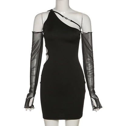 Long mesh sleeve off shoulder hollow out irregular dress