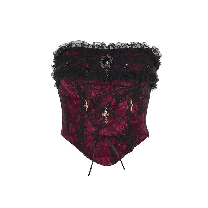 Lace hem cross pendant ruffle tube top