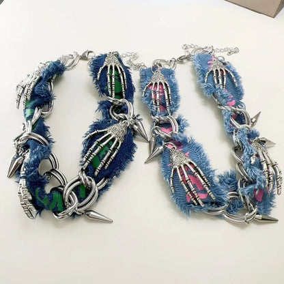 Denim raw hem hand bone choker necklace