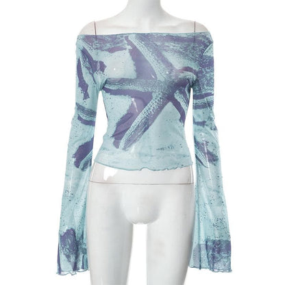 Sheer mesh see through flared sleeve contrast print 2-way top