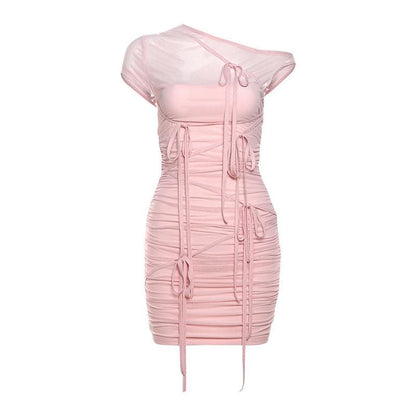 Short sleeve one shoulder mesh ruched patchwork mini dress