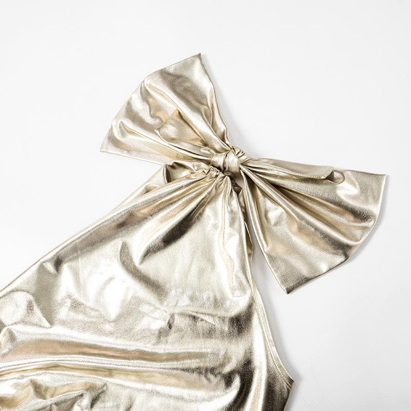 One shoulder bowknot metallic ruched mini dress