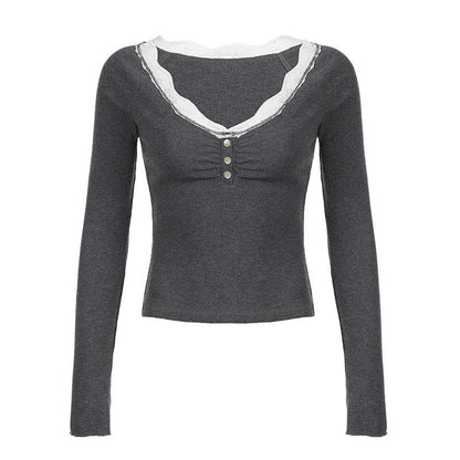 Long sleeve v neck lace hem button top