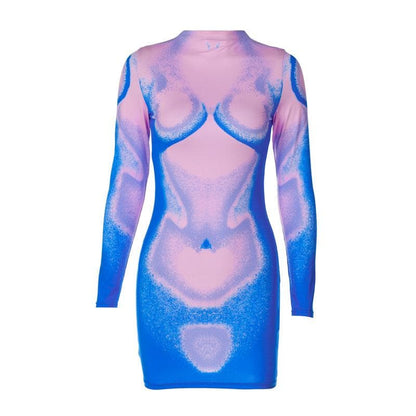 Long sleeve abstract contrast turtle neck mini dress