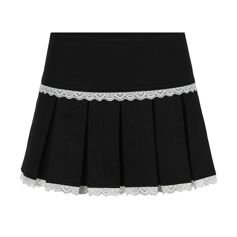 Lace hem pleated zip-up mini skirt