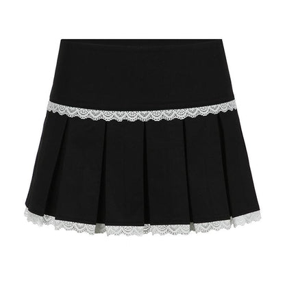 Lace hem pleated zip-up mini skirt