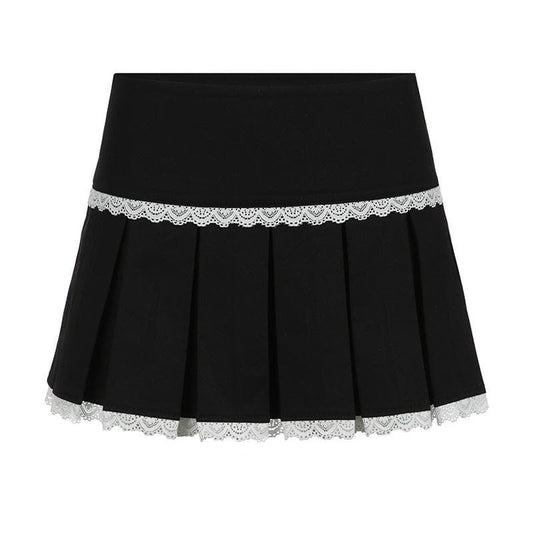 Lace hem pleated zip-up mini skirt