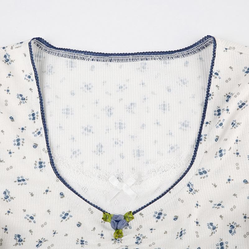 Short sleeve patchwork flower applique print top