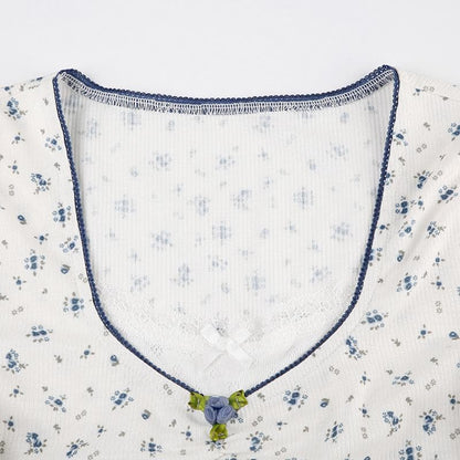 Short sleeve patchwork flower applique print top